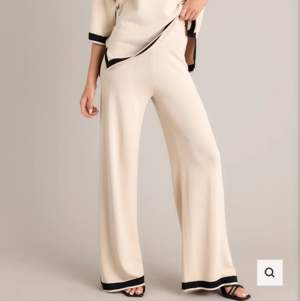 Beige Quiet Luxury Old Money Wide-Leg Pants with Black Trim Size Medium